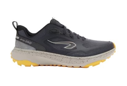 A dark blue and grey trail running shoe with a yellow outsole