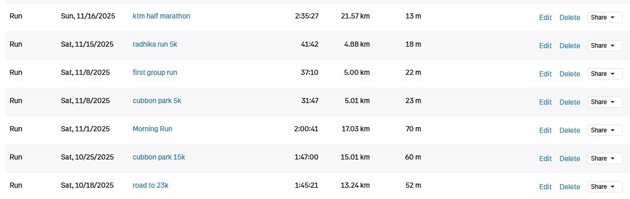 A Strava activity list showing runs of 13km, 15km and 17km through October, two 5k runs, then the 21.57km race