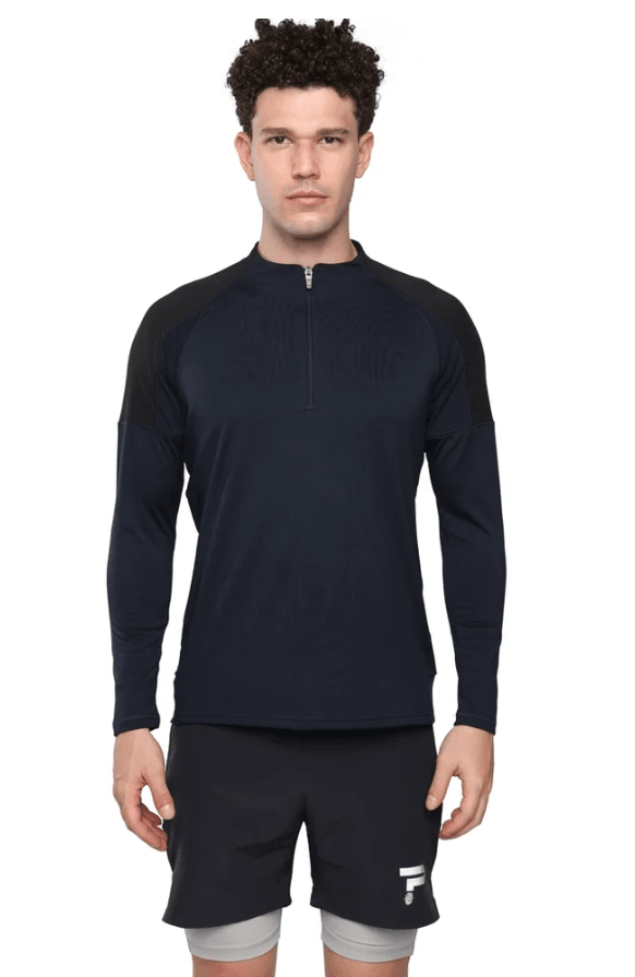 A navy long-sleeve quarter-zip running top with black shoulder panels