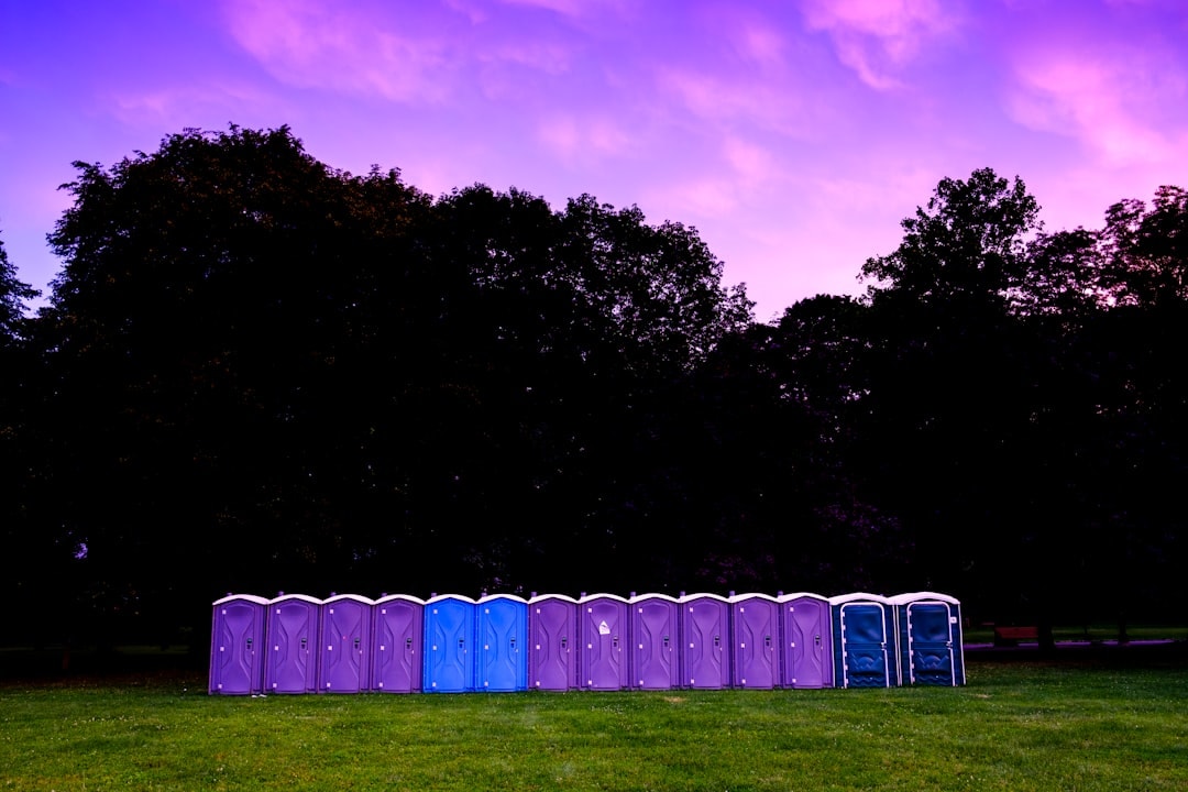 A long row of purple and blue portable toilets on grass at dusk, dark trees behind them and a purple sky above